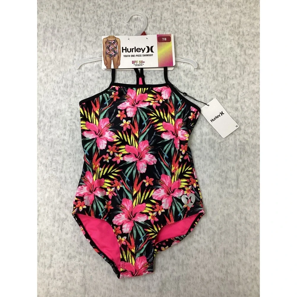 Hurley Girls Youth One-Piece Swimsuit Black Hyper Pink Floral UPF 50+‎ 7/8 NWT